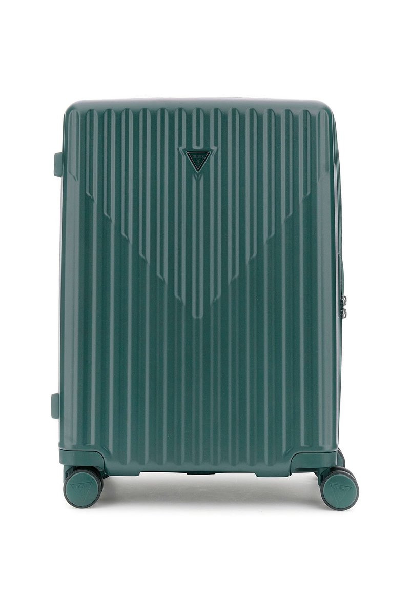 Valigia rigida con ruote di colore verde scuro, con texture a coste verticali. Presenta un emblema con logo e ruote robuste per una facile mobilità.