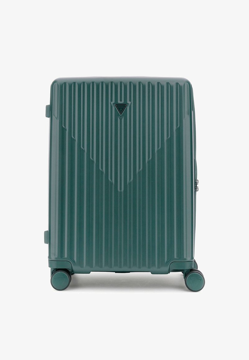 Valise à roulettes rigide vert foncé avec texture nervurée verticale. Dispose d'un emblème logo et de roues robustes pour une mobilité facilitée.