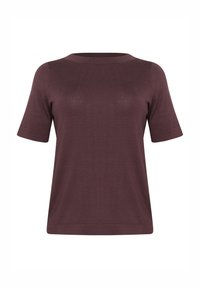 Short-sleeve sweater in deep burgundy, made from soft knit material, featuring a crew neckline and a relaxed fit, with a smooth texture.