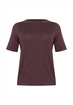 Short-sleeve sweater in deep burgundy, made from soft knit material, featuring a crew neckline and a relaxed fit, with a smooth texture.