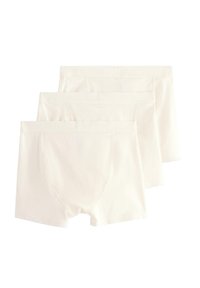 Tre par lys cremefarvede bomulds-boxershorts med elastiske taljer og uden synlige mønstre eller detaljer.