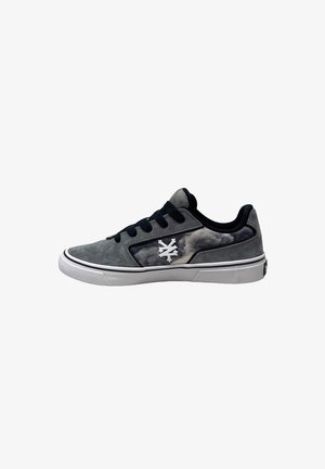 Sneakers with a gray and black upper, suede and mesh materials, laced design, white rubber sole, and a logo accent on the side.