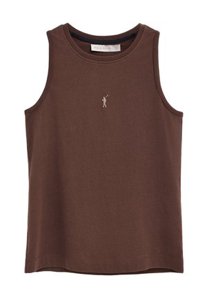 Ærmeløs brun bomulds tanktop med rund halsudskæring, lille broderet polo-spiller logo i beige midt på brystet.