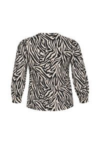 Zwart en beige zebra print blouse met lange mouwen, geplooide schouderdetails en een ronde halslijn, met een gladde stoftextuur.