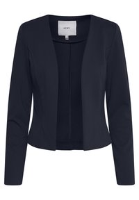 Neformální blejzr námořnicky modré barvy s hladkou texturou, otevřeným předním dílem, dlouhými rukávy a bez zapínání. Uvnitř viditelná značka značky.