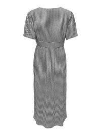 Melnbalts midi kleita ar šaha laukuma rakstu, īsām piedurknēm, piegulošu vidukli un apaļu kakla izgriezumu, attēlota no aizmugures uz balta fona.