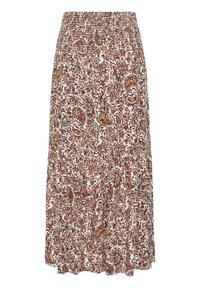 Maxi skirt with elastic waistband featuring brown and orange floral print on cream background.