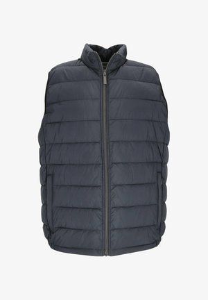 Gepolsterte Weste in Dunkelgrau, mit durchgehendem Reißverschluss, hohem Kragen und horizontalem Steppmuster. Zwei Seitentaschen sind enthalten.
