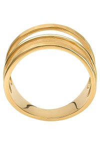Gouden ring met drie ineen verstrengelde banden, voorzien van een gladde, gepolijste afwerking en subtiele textuuraccenten op de buitenste banden.