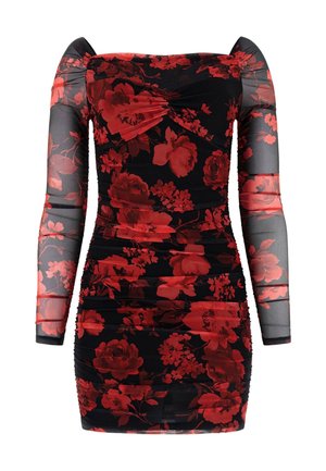 Schwarzes Blumenkleid mit roten Rosen, langen transparenten Ärmeln, gerafftem Stoff, schulterfreiem Ausschnitt, figurbetonter Silhouette und kurzem Saum.