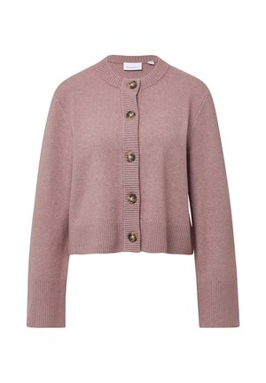Helles rosa Cardigan aus weichem Stoff, mit rundem Ausschnitt, fünf großen Knöpfen, gerippten Bündchen und einem verkürzten Saum.