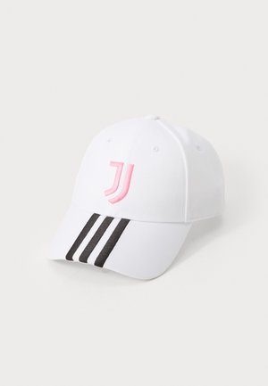 White cap with a structured design, featuring a pink embroidered logo and three black stripes on the visor. Made of textile fabric.