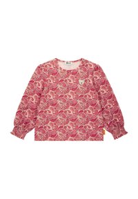 Rode langesleeve shirt met paisleypatroon, geraffineerde mouwen en een berenpatch op de borst; gemaakt van zachte stof.