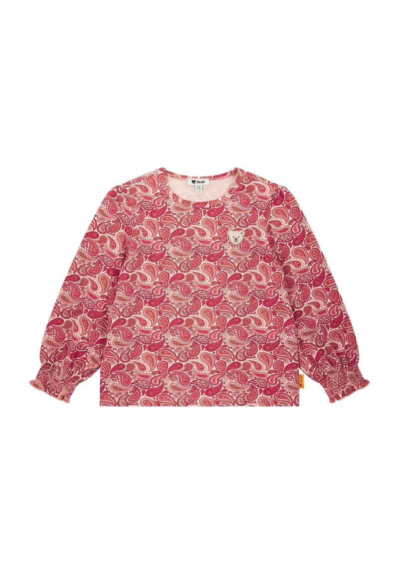 Rode langesleeve shirt met paisleypatroon, geraffineerde mouwen en een berenpatch op de borst; gemaakt van zachte stof.