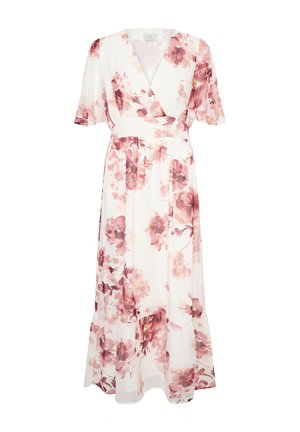 Fehér átlapolt ruha rózsaszín virágmintával, rövid fodros ujjakkal, fazonra szabott derékkal és fodros szegélyű, légies midi szoknyával.