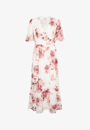 Fehér átlapolt ruha rózsaszín virágmintával, rövid fodros ujjakkal, fazonra szabott derékkal és fodros szegélyű, légies midi szoknyával.