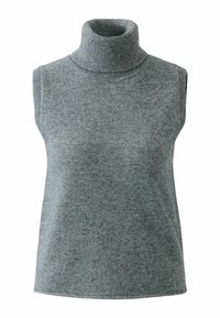 Sleeveless turtleneck sweater in gray, made of soft knit material. Features a ribbed neckline and smooth body texture, with a relaxed fit.