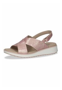 Roza usnjena sandala z teksturirano površino, z križnimi trakovi in slingback oblikovanjem. Debel bel podplat z vzorcem za oprijem.