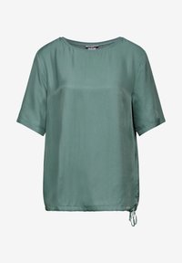 Short-sleeve, crew-neck top in soft, shiny green fabric with a loose fit and adjustable side ties for shaping. Smooth texture, minimalist design.