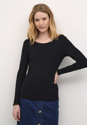 Zwarte ribgebreide longsleeve top met een ronde halslijn, voorzien van rafelige randen en een nauwsluitend ontwerp. Draag het met een spijkerrok.