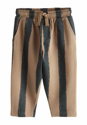 Pantalon de survêtement marron avec des rayures verticales bleu foncé, une taille élastique avec cordon de serrage, et des poches latérales. Texture de tissu douce.