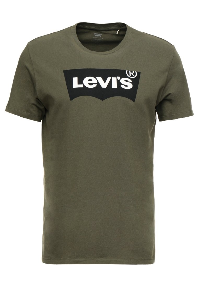 Olivengrøn Levi's T-shirt med korte ærmer, der har et sort rektangulært logo og hvid tekst med "Levi's" centreret på brystet.