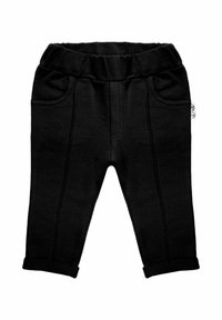 Czarne spodnie o miękkiej fakturze, z elastycznym paskiem w talii, dwoma przednimi kieszeniami oraz podwiniętymi mankietami. Z przodu ozdobione przeszyciami.