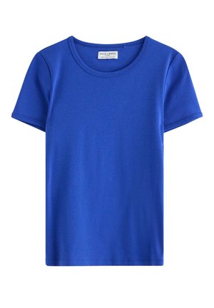 Kiinteä kuninkaansininen lyhythihainen t-paita pyöreällä kaula-aukolla, siististi ommellut reunat ja pieni merkkilappu kaula-aukon kohdalla.