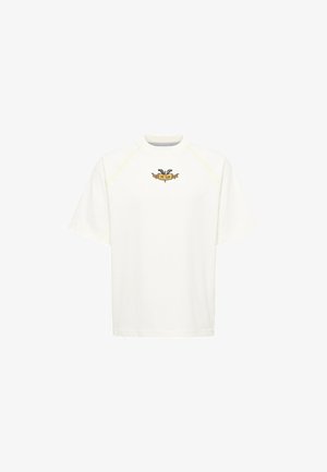 White cotton T-shirt with a round neck, short raglan sleeves, yellow stitching, and a central graphic featuring the text "THE SUN."