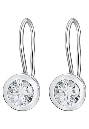 Orecchini in tonalità argento con gemme trasparenti rotonde incastonate in eleganti bezels circolari, dotati di ganci allungati per il fissaggio.