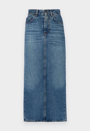 Denim skirt, mid-length, light blue wash, high waist, five-pocket design, straight fit, faded texture, with visible stitching accents.