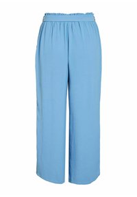 Lichtblauwe wijde broek met een gestructureerde afwerking en een elastische tailleband, voorzien van een geplooide ruffel langs de taille.