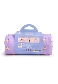 Purple muslin swaddle blanket with smiling bear faces, packaged with a blue label showing usage instructions and material details.