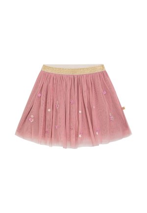 Röckchen aus pinkem Tüll mit einem goldenen Gummibund, verziert mit verstreutem floralem Stickerei in Pink und Weiß, geschichtet für Volumen und Textur.