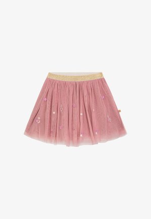 Pink tulle skirt with a gold elastic waistband, featuring scattered floral embroidery in pink and white, layered for volume and texture.
