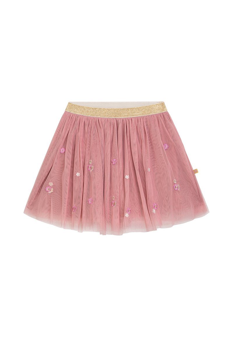 Röckchen aus pinkem Tüll mit einem goldenen Gummibund, verziert mit verstreutem floralem Stickerei in Pink und Weiß, geschichtet für Volumen und Textur.