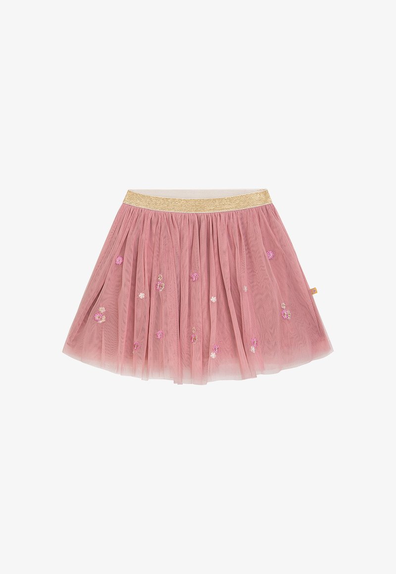 Pink tulle skirt with a gold elastic waistband, featuring scattered floral embroidery in pink and white, layered for volume and texture.