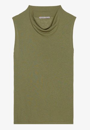 Olive green sleeveless top with a cowl neck and textured fabric. Smooth finish with a fitted shape, ideal for layering. Manufacturer: Anna Field.