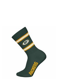 Calcetín verde hasta la rodilla con rayas amarillas y blancas en la parte superior, que presenta un logo circular y la palabra "PACKERS" impresa en texto amarillo en negrita.