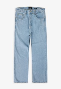 Lichtblauwe spijkerbroek met een recht model, voorzien van twee voorkzakken, een knoopsluiting en subtiele vervaging op de stof.
