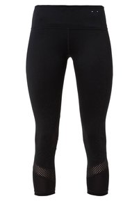 Černé legíny s vysokým pasem, elegantním designem a síťovinovými detaily na dolních nohavicích. Vyrobené z hladkého, elastického materiálu.