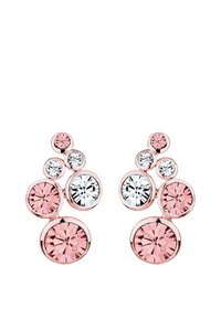 Rosaguld øreringe med flere runde krystaller i pink og klar, arrangeret i et bobledesign med varierende størrelser og facetter.