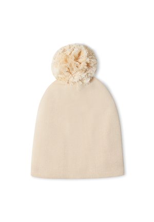 Berretto in maglia beige con un morbido e soffice pompon crema sulla cima, caratterizzato da una texture liscia e un design semplice.