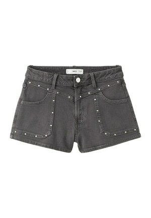 Pantaloncini in denim nero con tasche frontali, dettagli con borchie argento lungo i bordi delle tasche e della vita, e chiusura frontale con bottoni.