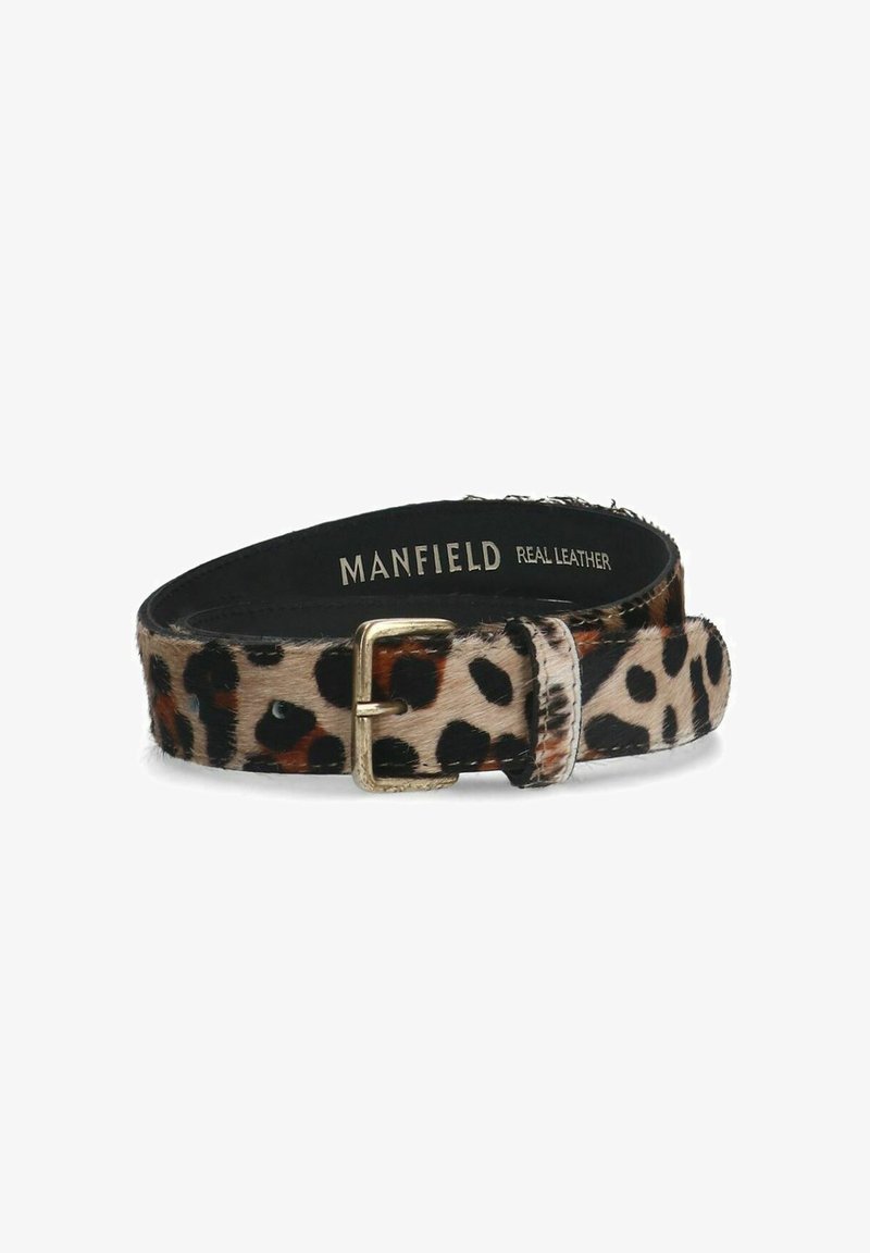 Leder-Gürtel mit Leopardenmuster, der eine goldene Metallschnalle und eine glatte Oberfläche aufweist. Er hat ein schwarzes Innenfutter und "MANFIELD REAL LEATHER" ist im Inneren geprägt.