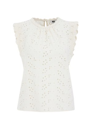 Lichte crèmekleurige mouwloze blouse met een ronde halslijn, voorzien van geschulpte kantafwerking en een textuur stof met perforatie stippen.