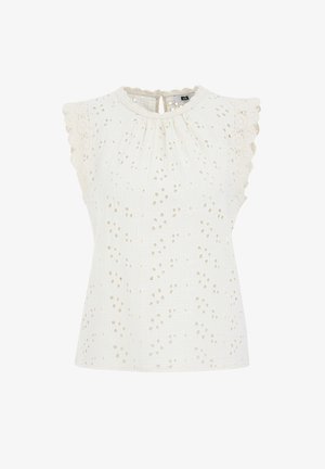 Lichte crèmekleurige mouwloze blouse met een ronde halslijn, voorzien van geschulpte kantafwerking en een textuur stof met perforatie stippen.