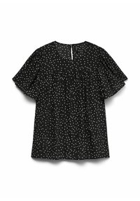 Svart kortärmad topp med vita prickar, med ett samlat mönster, fyrkantig halsringning och dragkedjestängning i ryggen. Skrynklig textur.