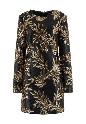Robe courte noire à manches longues avec motif floral de feuilles en sequins dorés et encolure ronde.