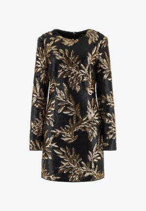 Schwarzes Mini-Kleid mit langen Ärmeln, goldfarbenem Paillettenblumenblattmuster und rundem Halsausschnitt.